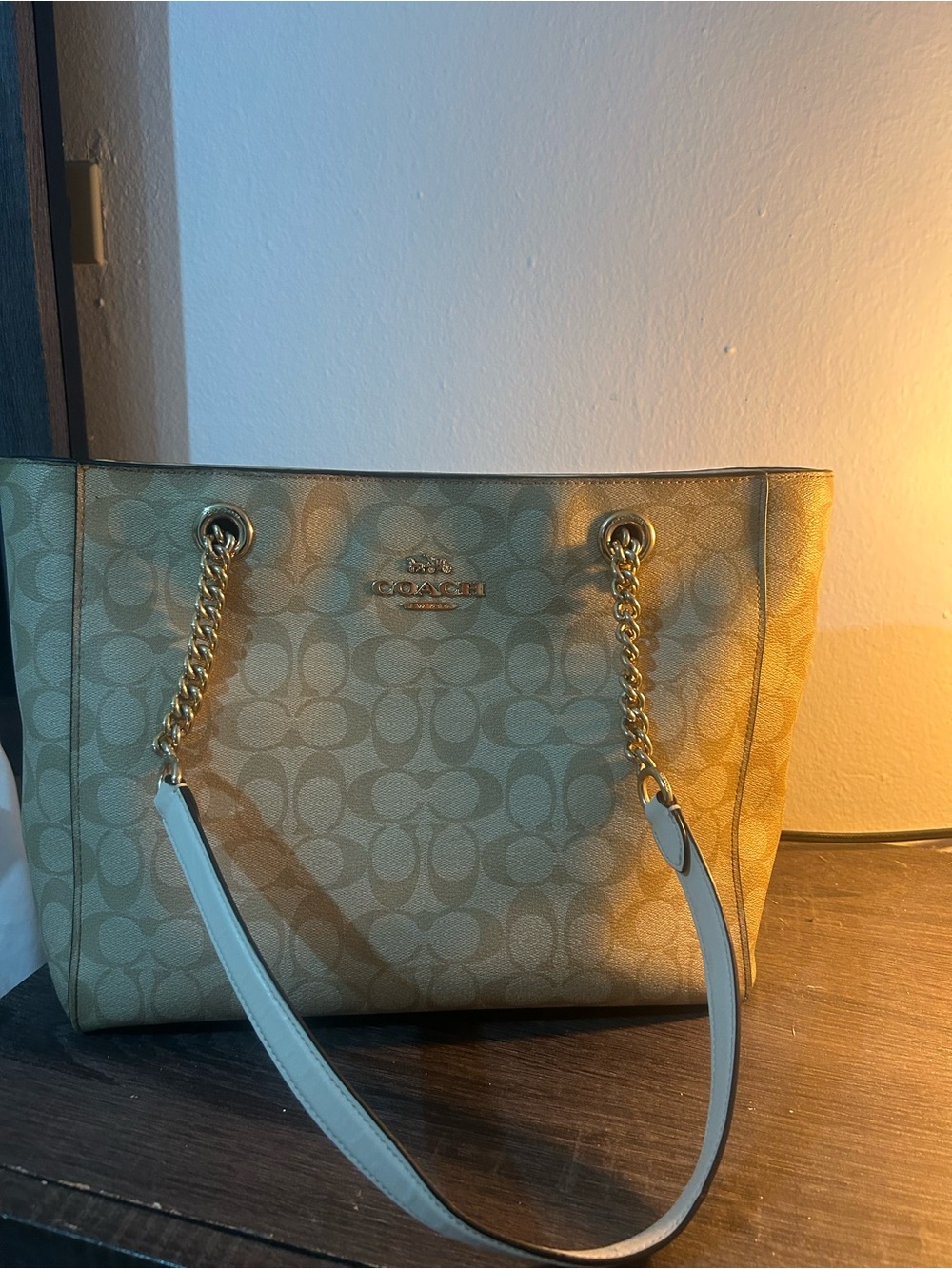 Coach Tan Signature Canvas Tote with Gold Chain Straps